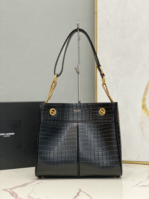 2021 Saint Laurent Claude Shopping Bag in black crocodile-embossed leather