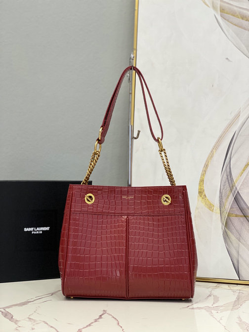 2021 Saint Laurent Claude Shopping Bag in vinyle shiny red crocodile-embossed leather