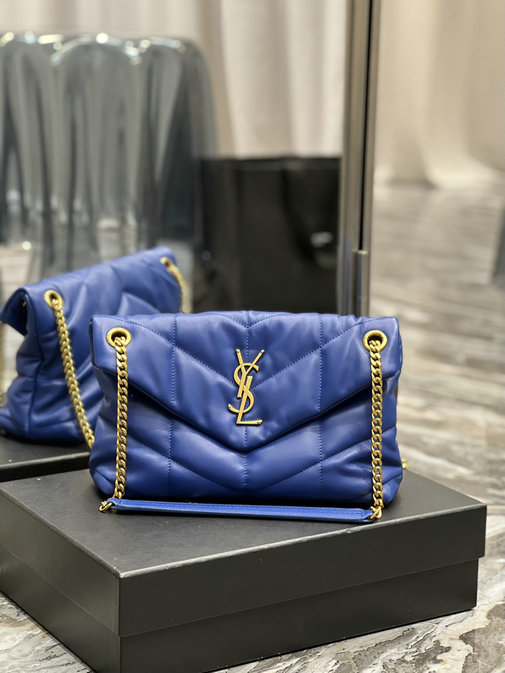 2022 Saint Laurent Loulou Puffer Small Bag in blue quilted lambskin leather