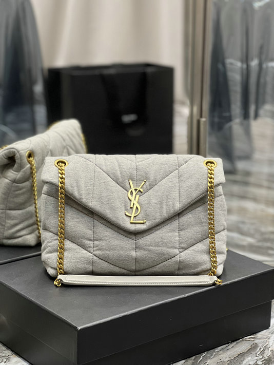 2022 Saint Laurent Puffer Small Bag in mottled grey canvas and smooth leather