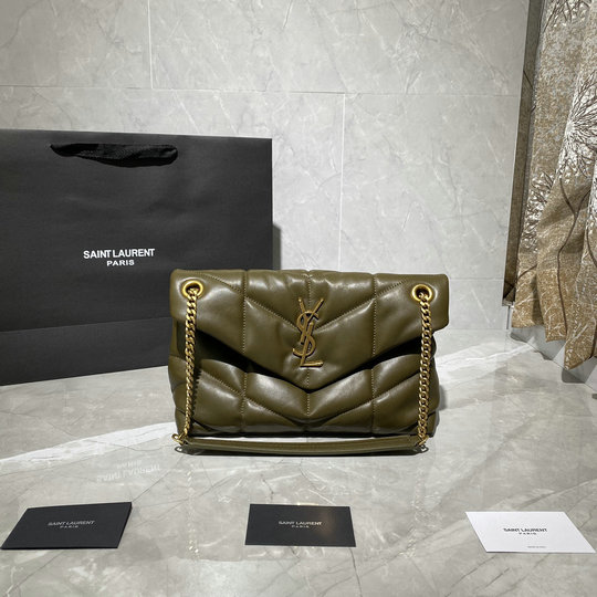 2021 Saint Laurent Loulou Puffer Small Bag in dark green quilted lambskin leather