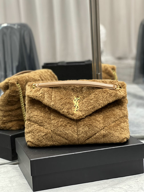 2021 Saint Laurent Puffer Medium Bag in natural brown merino shearling and lambskin