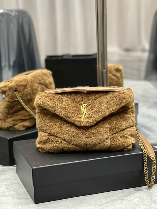 2021 Saint Laurent Puffer Small Bag in natural brown merino shearling and lambskin