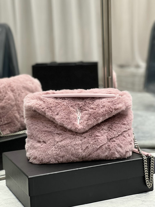 2021 Saint Laurent Puffer Small Bag in lila merino shearling and lambskin