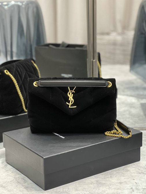 2021 Saint Laurent Puffer Small Bag in Black Velvet and Leather