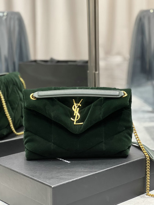 2021 Saint Laurent Puffer Small Bag in Dark Green Velvet and Leather