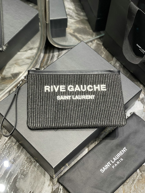 2021 Saint Laurent Rive Gauche Zippered Pouch in black embroidered raffia and leather