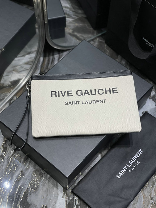 2021 Saint Laurent Rive Gauche Zippered Pouch in White Canvas