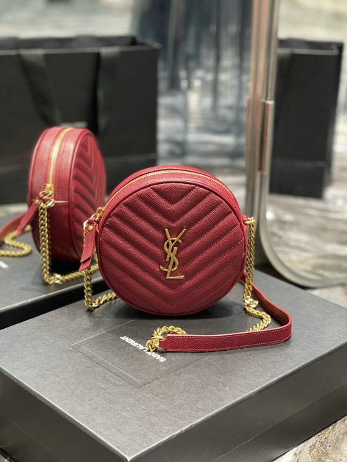 2021 Saint Laurent Vinyle Round Camera Bag in red chevron-quilted grain de poudre embossed leather