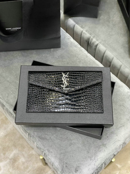 2021 Saint Laurent Uptown Pouch black crocodile embossed shiny leather - Click Image to Close