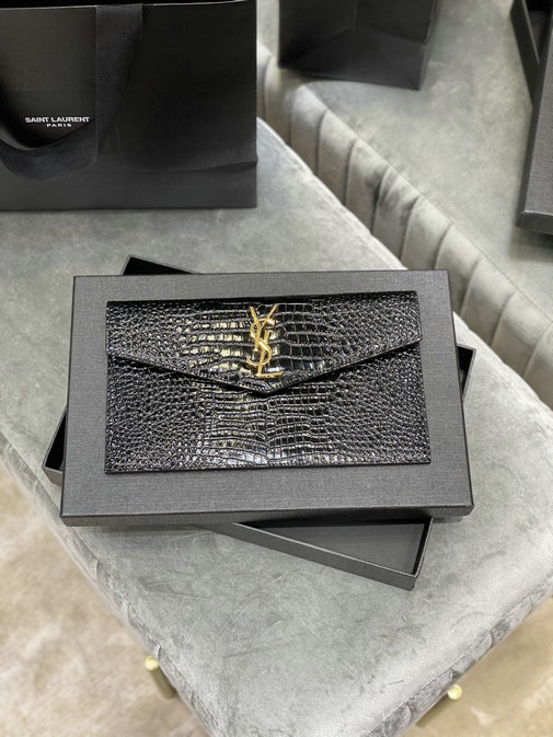 2021 Saint Laurent Uptown Pouch in black crocodile embossed shiny leather