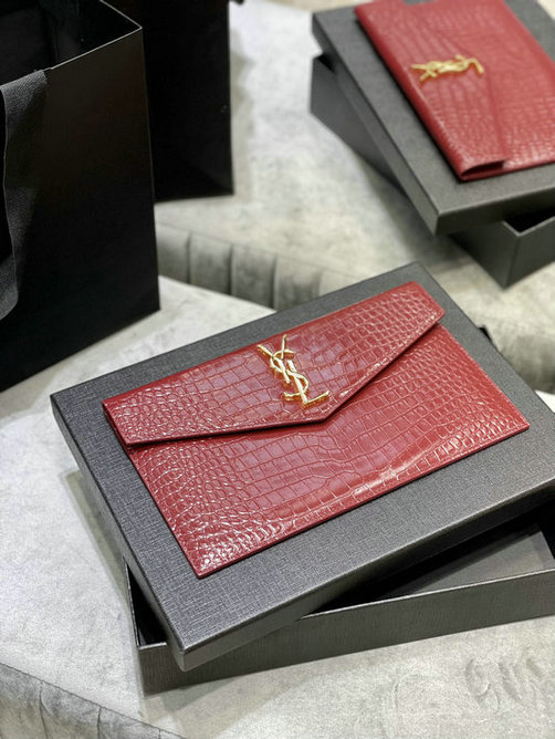 2021 Saint Laurent Uptown Pouch in rouge legion crocodile embossed shiny leather