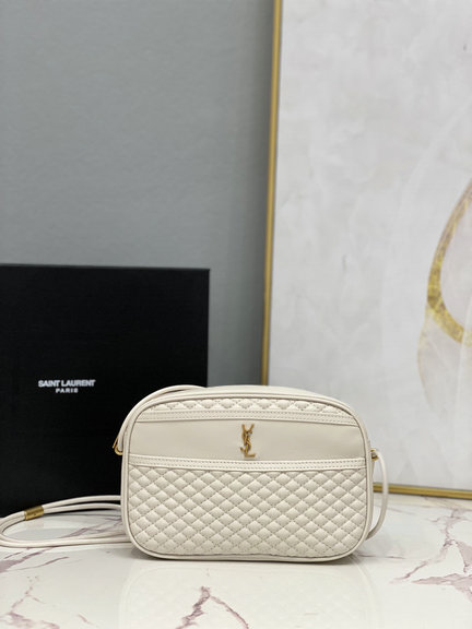 2021 Saint Laurent Victoire Camera Bag in blanc vintage quilted lambskin leather