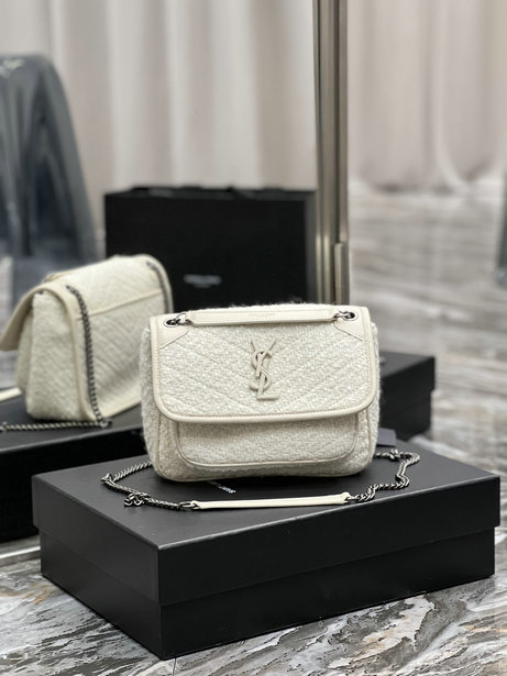 2021 Saint Laurent Baby Niki Bag in off white bouclé tweed and smooth leather