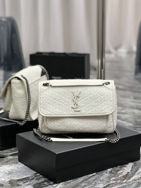 2021 Saint Laurent Medium Niki Bag in off white bouclé tweed and smooth leather