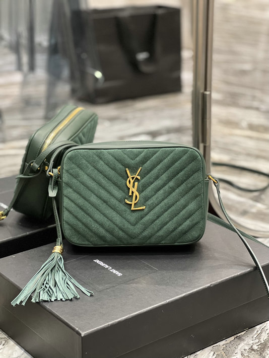2022 Saint Laurent Lou Camera Bag in green suede and smooth leather