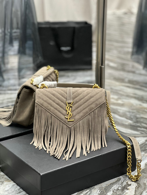 2022 Saint Laurent College Medium Chain Bag in Dusty Grey Suede with fringes
