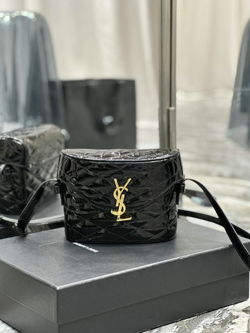 2022 Saint Laurent June Box Bag in black patent leather
