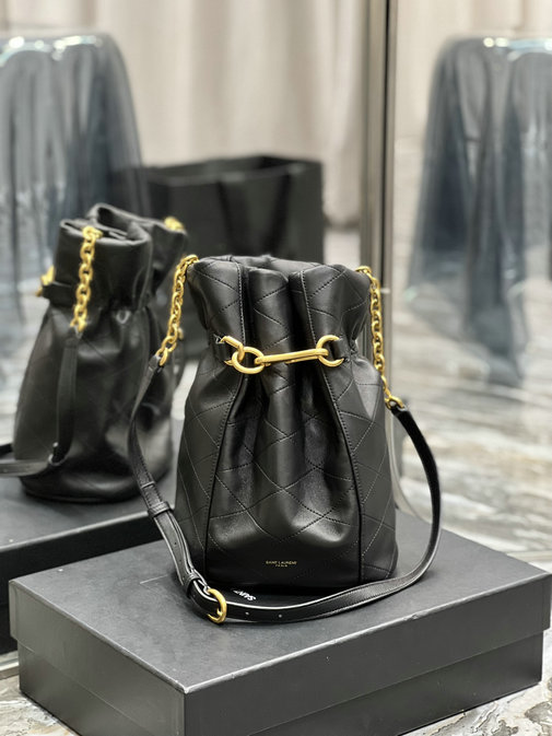 2022 Saint Laurent Le Maillon Hook Bucket Bag in Black Supple Leather