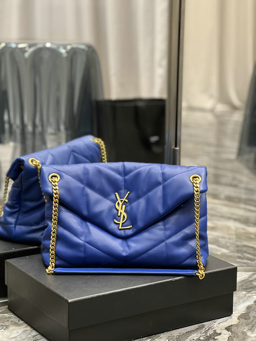 2022 Saint Laurent Loulou Puffer Medium Bag in blue quilted lambskin leather