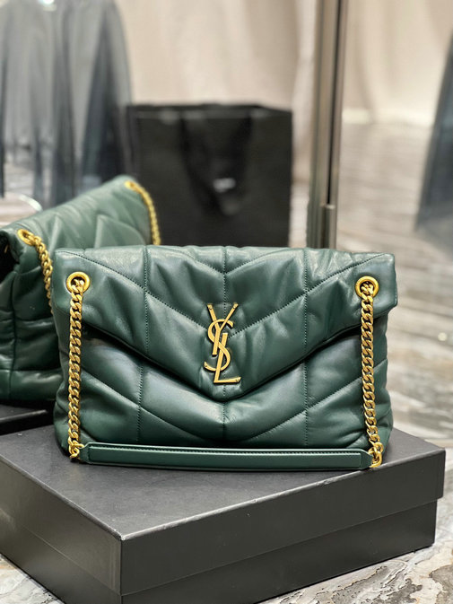 2022 Saint Laurent Loulou Puffer Medium Bag in forest green quilted lambskin leather