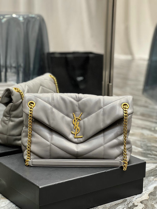 2022 Saint Laurent Loulou Puffer Medium Bag in grey quilted lambskin leather