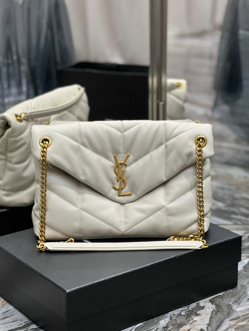 2022 Saint Laurent Loulou Puffer Medium Bag in blanc vintage quilted lambskin leather
