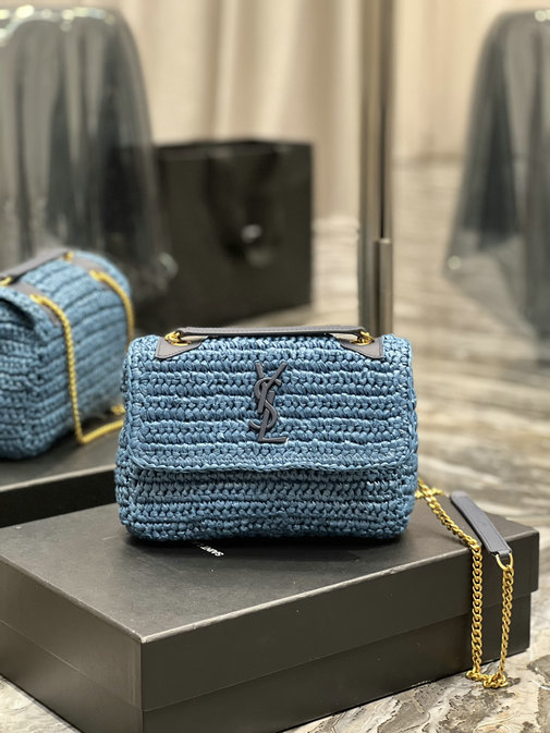 2022 Saint Laurent Niki Baby Chain Bag in Vivid Blue Raffia and Leather
