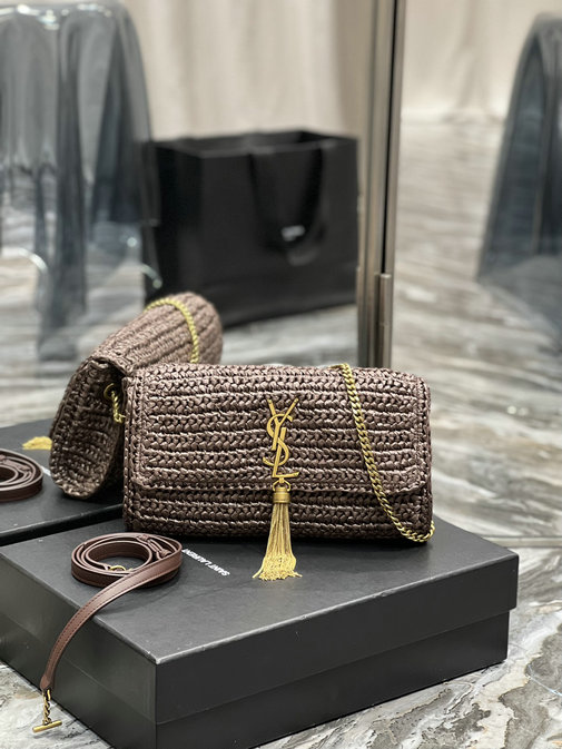2022 Saint Laurent Kate 99 Chain Bag with tassel in brown raffia - Click Image to Close
