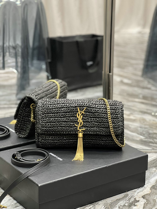 2022 Saint Laurent Kate 99 Chain Bag with tassel in black raffia