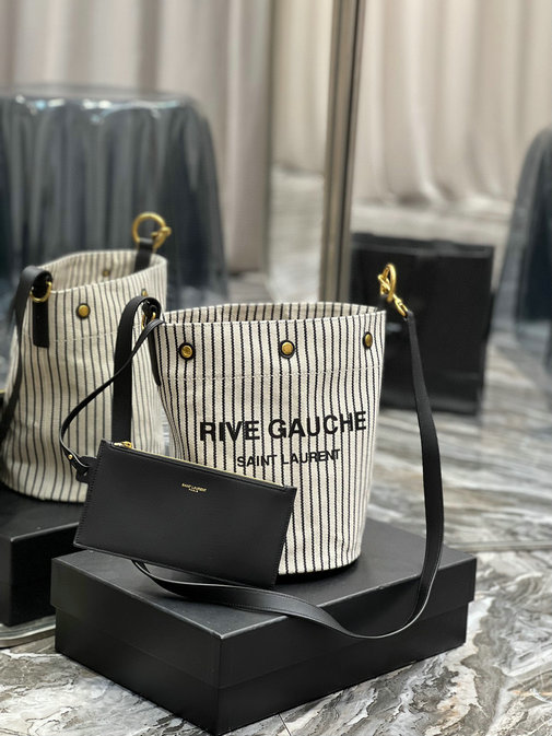 2022 Saint Laurent Rive Gauche Bucket Bag in striped canvas and leather