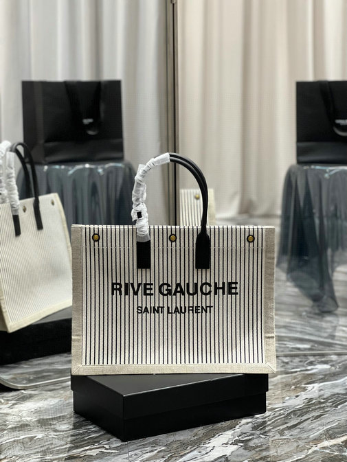 2022 Saint Laurent Rive Gauche Tote Bag in linen and smooth leather