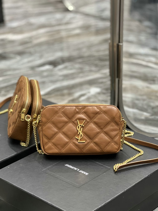 2022 Saint Laurent Becky Double-zip Pouch in brown quilted lambskin