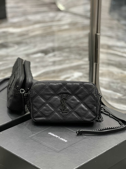 2022 Saint Laurent Becky Double-zip Pouch black quilted lambskin leather