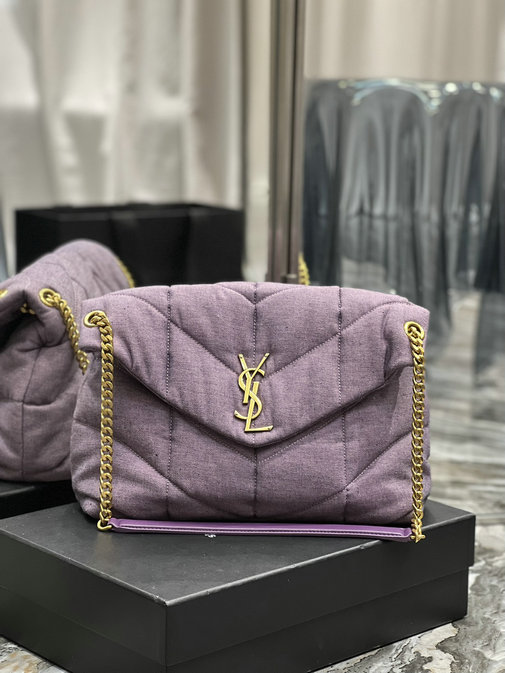 2022 Saint Laurent Puffer Medium Bag in bleached lilac denim and smooth leather - Click Image to Close
