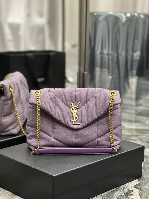 2022 Saint Laurent Puffer Small Bag in bleached lilac denim and smooth leather