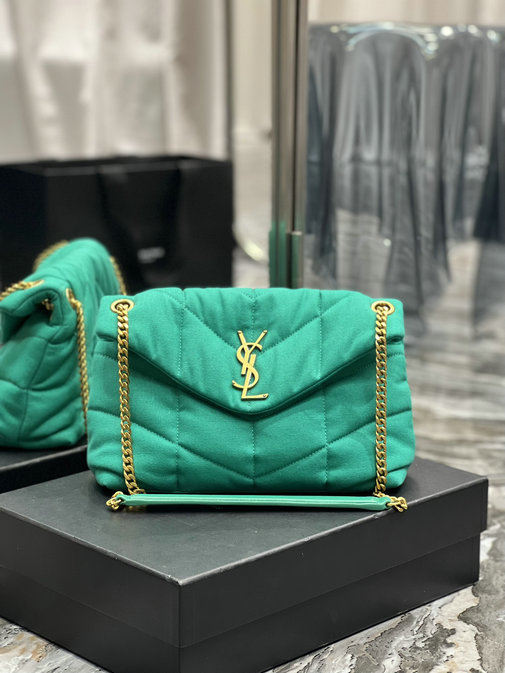 2022 Saint Laurent Puffer Small Bag in green canvas and smooth leather