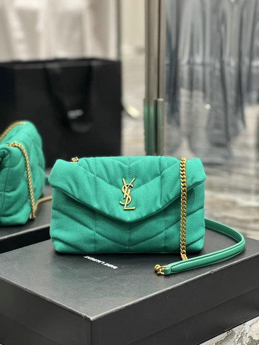 2022 Saint Laurent Puffer Toy Bag in green canvas and smooth leather