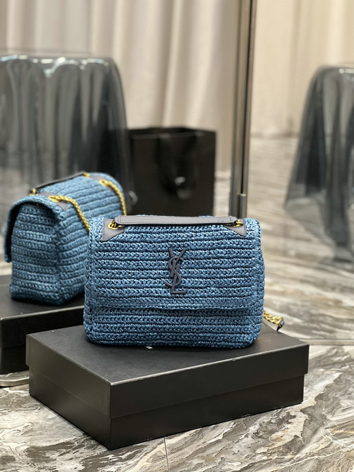 2022 Saint Laurent Niki Medium Chain Bag in Vivid Blue Raffia and Leather