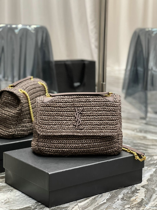 2022 Saint Laurent Niki Medium Chain Bag in Brown Raffia and Leather