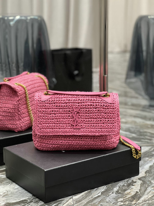 2022 Saint Laurent Niki Medium Chain Bag in Pink Raffia and Leather