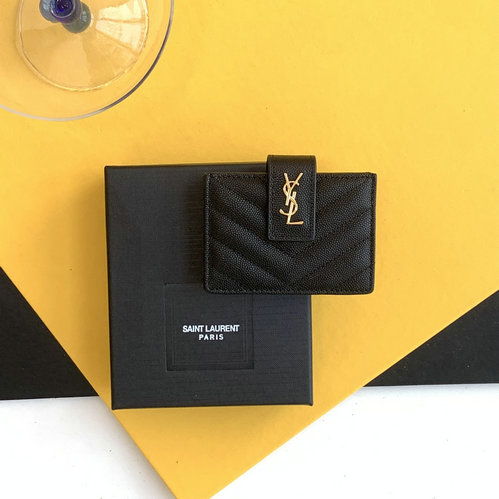 2023 Saint Laurent Cassandre Matelassé Business Card Case in black grain de poudre embossed leather