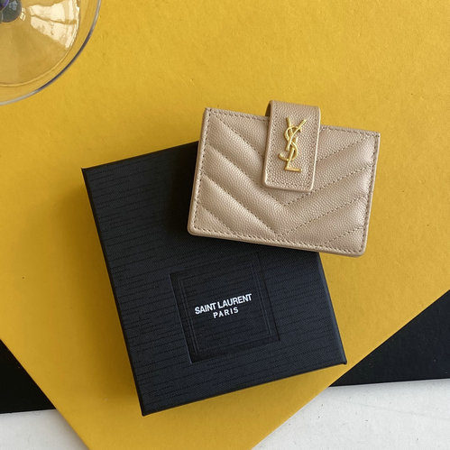 2023 Saint Laurent Cassandre Matelassé Business Card Case in beige grain de poudre embossed leather