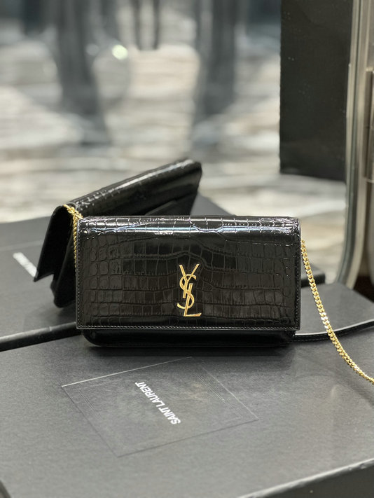 2023 Saint Laurent Cassandre Phone Holder with strap black crocodile-embossed leather