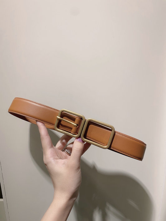 2023 Saint Laurent Double Buckle Belt in Tan Smooth Leather