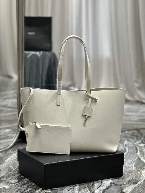 2023 Saint Laurent E/W Shopping Bag in Blanc Vintage Leather