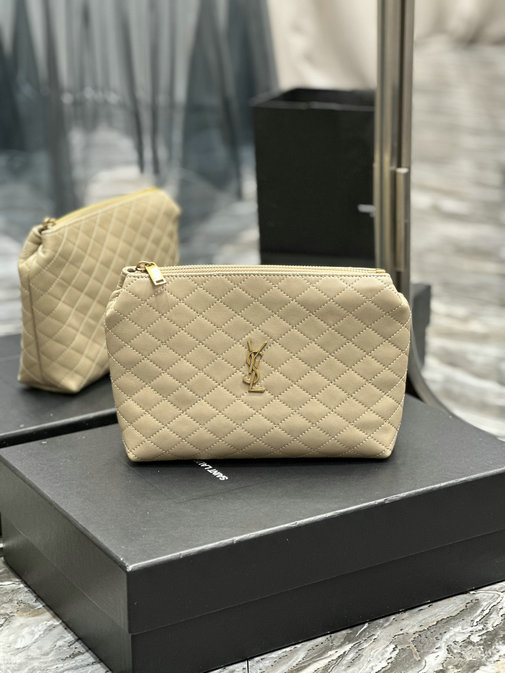 2023 Saint Laurent Gaby Cosmetic Pouch in beige quilted leather