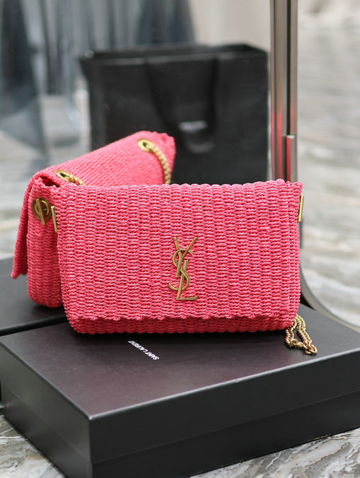 2023 Saint Laurent Kate Medium Supple Chain Bag in Neon Pink Raffia - Click Image to Close