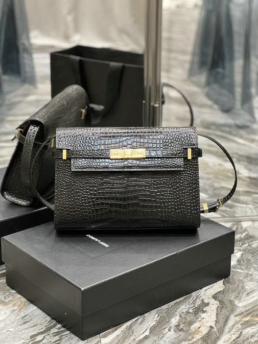 2023 Saint Laurent Manhattan Small Shoulder Bag in Black Crocodile-embossed Leather
