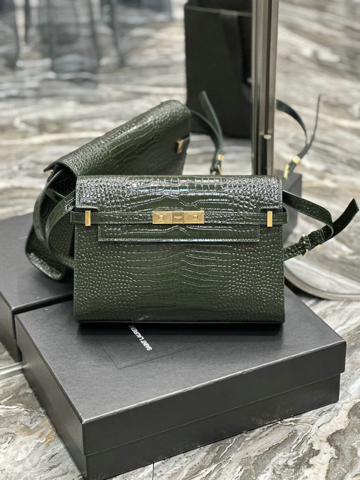 2023 Saint Laurent Manhattan Small Shoulder Bag in Forest Green Crocodile-embossed Leather